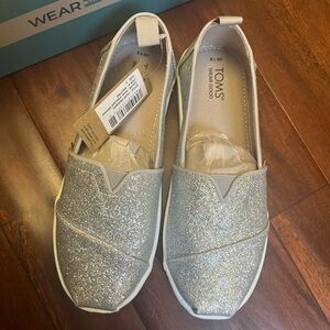 Toms Girls Alpargata Silver Sparkle Loafers Shoes Size 2 Big Kid New